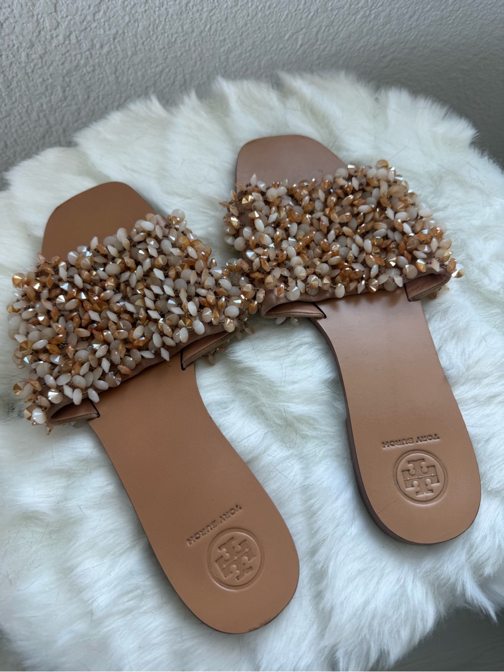 Tory Burch Tan and Blush Beaded Slide Sandals - Picture 2 of 5